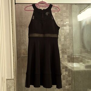 NWOT Honey & Rosie little black dress w/mesh waist/neck detail. Gold back zip